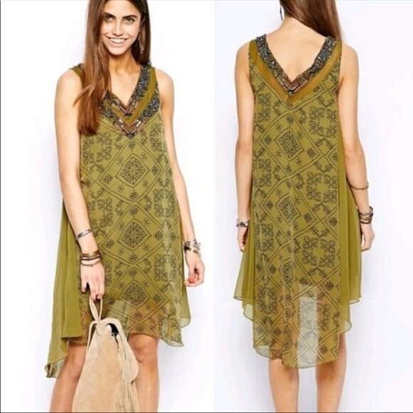 Free People Dresses & Skirts - Free People Ancient Mystery Beaded Boho Sleeveless Shift Dress Sage Green Small